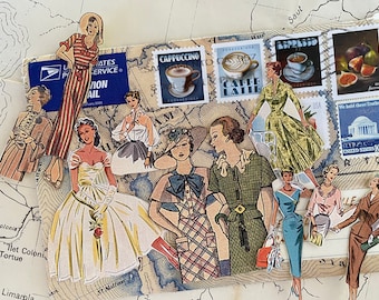 1950s Green Blue Ladies Stickers 7pc+, Fussy Cut Vintage Dresses, Retro Fashion Junk Journal Scrapbook + Free Washi Sample