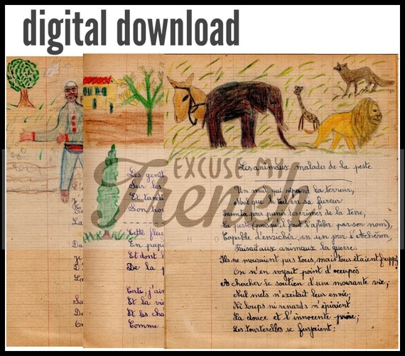 Printable Vintage Paper French Child Drawings And Cursive Handwriting Copybook Pages 1940s