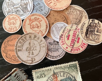 French Postmark Stickers 18pc, Vintage Cancellation Stamps Round, Snail Mail Pen Pal Envelope Seal Junk Journal