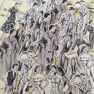 Vintage Fashion Cut-Out Aufkleber | 1920er - 1950er Jahre Schwarz-Weiß-Frauen-Abbildungen | Retro Papierpuppen für Junk Journals | Französische Ephemera