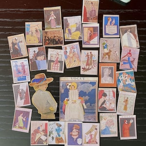 Mini Magazine Cover Stickers 30pc, Tiny 1920s Fashion Illustrations, Small Die Cut Ephemera Junk Journal Happy Mail + Free Washi Sample