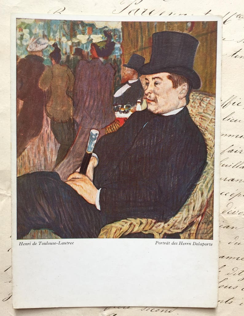 Toulouse Lautrec Painting on Vintage Postcard Portrait of Mr Delaporte