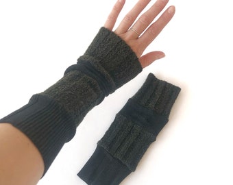 Wrist warmers / Sleeves - Shades of green and black - for women - Recovered fabrics