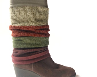 LONG gaiters/tube leg warmers, Shades of green and orange, Recovered fabrics