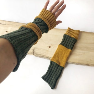 Long wrist warmers / Sleeves for women, Mustard yellow/ocher speckled and green, Recovered fabrics