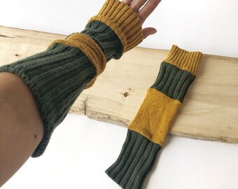 Long wrist warmers / Sleeves for women, Mustard yellow/ocher speckled and green, Recovered fabrics