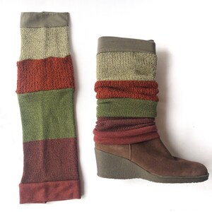 LONG gaiters/tube leg warmers, Shades of green and orange, Recovered fabrics image 3