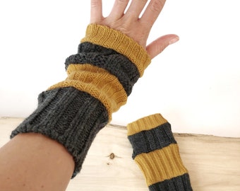 Wrist warmers / Sleeves for women and/or leg warmers for children 7 years old and under, Shades of gray and mustard yellow/ochre, Recovered fabrics