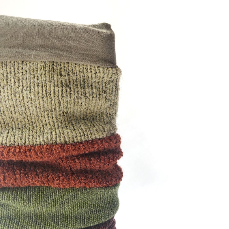 LONG gaiters/tube leg warmers, Shades of green and orange, Recovered fabrics image 2