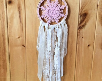 Medium Dream Catcher, Wall Decoration, Reclaimed Wool, Fabric and Lace, 6.5" In Diameter, Pale Pink & White