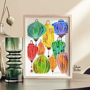Nine Colorful Lanterns from Hoi An Watercolor Art Print, Travel Inspired Art, Vietnam Lanterns Illustration
