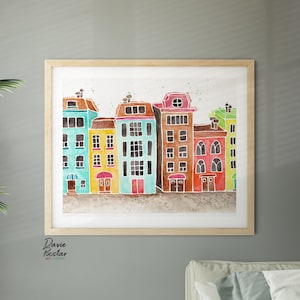 Colorful Stylized Townscape Watercolor Painting Art Print, Vibrant Cityscape Wall Decor for Home and Office