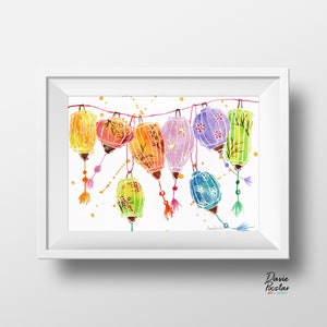 Eight Hanging Lanterns from Hoi An Watercolor Art Print, Travel Inspired Art, Vietnam Lanterns Illustration