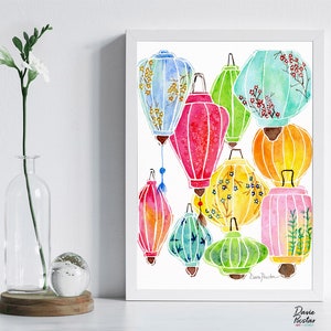Ten Colorful Lanterns from Hoi An Watercolor Art Print, Vietnam Lanterns Illustration, Unique Home Decor, Wall Art