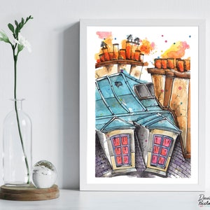 Paris Haussmann Rooftop Watercolor Art Print, Paris Architecture Watercolor Print, French Architecture