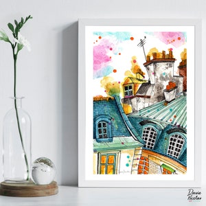 Paris Rooftop Watercolor Art Print, Haussmann Architecture Watercolor Print, French Architecture