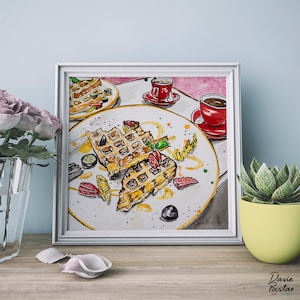 Waffles Watercolor Illustration Print, Delicious Breakfast Painting, Kitchen Wall Decor, Culinary Gift Idea, Home Decor