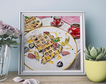 Waffles Watercolor Illustration Print, Delicious Breakfast Painting, Kitchen Wall Decor, Culinary Gift Idea, Home Decor