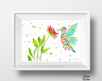 Iridescent Hummingbird Watercolor Print, Bird Illustration, Nature Wall Art, Watercolor Painting Home Decor