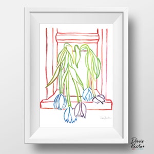 Tulips Watercolor Lines Painting, Flowers Illustration, Modern Floral Print