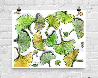 Gingko Leaves Watercolor Art Print, Gingko Illustration, Gingko Leaves Painting, Gingko Wall Art