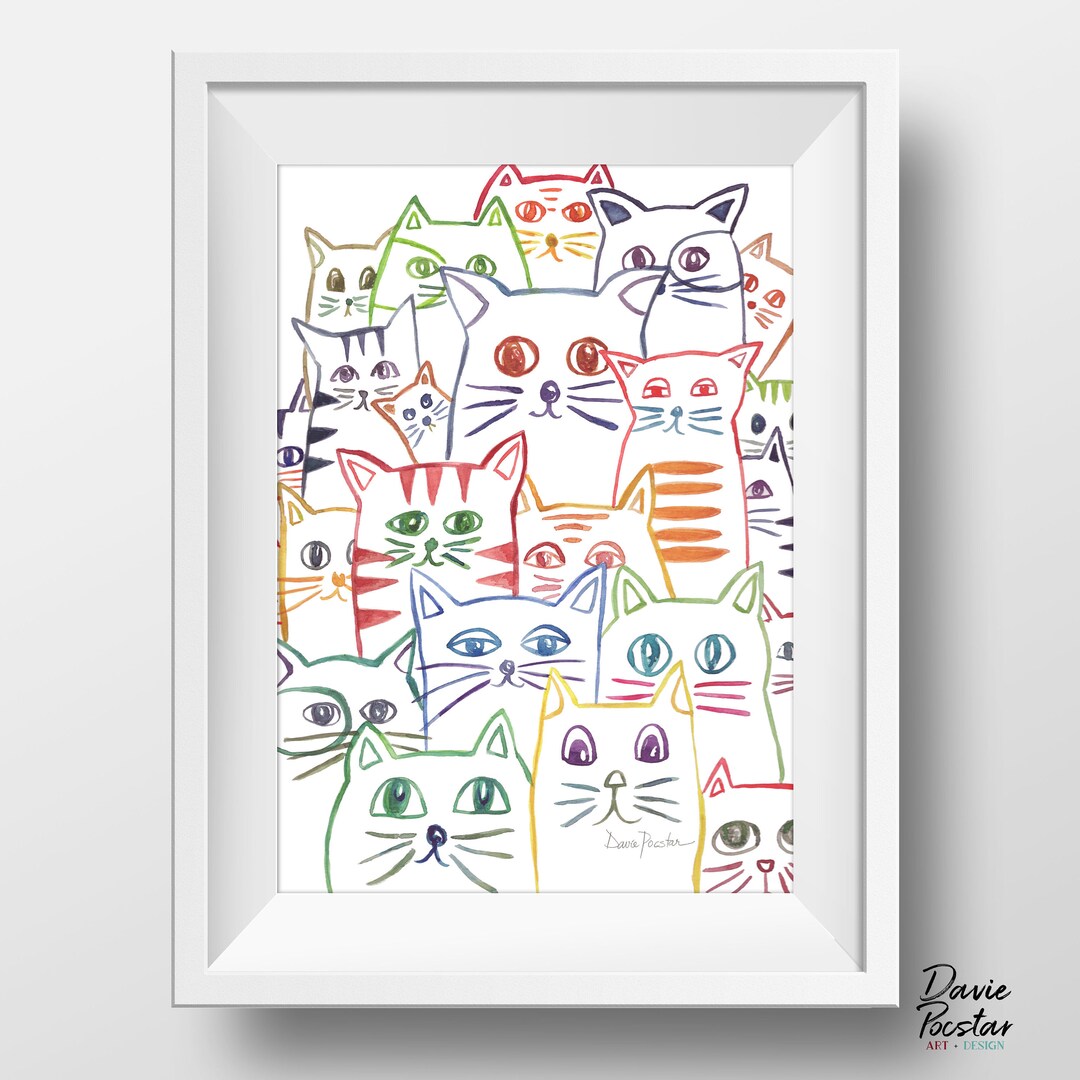 Colorful Cats Watercolor Art Print, Cat Posse Line Art Painting, Cats ...