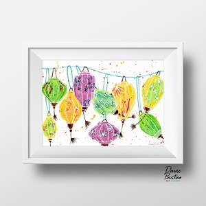 Nine Hanging Lanterns from Hoi An Watercolor Art Print, Travel Inspired Art, Vietnam Lanterns Painting