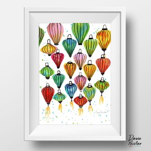 Vietnamese Lanterns Watercolor Art Print, Colorful Lanterns Illustration, Giclee Print, Art Illustration