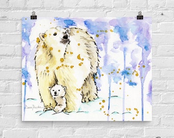 Polar Bear Watercolor Art Print, Mother and Baby Polar Bear Illustration, Nursery Art For Children's Room, Arctic Animal Wall Decor