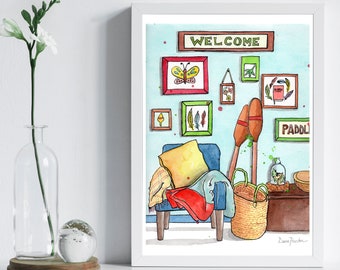 Cozy Cottage Room Watercolor Print, Cottage Art Print, Country House Print, Home Decor Art, Cottage Illustration