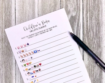 以下が含まれることがあります： 「Children's Booky Emoji Pictionary」というタイトルの印刷可能なゲームシート。ゲームの指示は、与えられた絵文字に基づいて子供向けの書籍を推測することです。シートには、1から16までの番号が付けられた16行と、回答のための空白があります。各行には絵文字のセットがあります。
