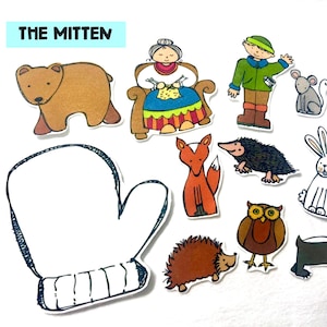 Peut inclure: Illustration d'un grand moufle avec divers personnages d'animaux de l'histoire pour enfants, "Le Moufle". Comprend un ours, une femme tricotant, un garçon, une souris, un renard, un hérisson, un lapin, un hibou, un autre hérisson et un blaireau.