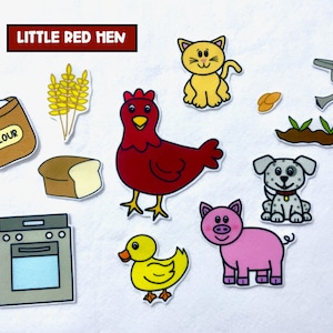May include: A set of felt cutouts for the children's story "Little Red Hen". The set includes a red hen, a yellow duck, a white cat, a grey dog, a pink pig, a bag of flour, a loaf of bread, a wheat stalk, a watering can, and a grey oven.