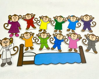 10 Little Monkeys Jumping on Bed Felt Stories - Speech Therapy Activity - Ten In the Bed - Felt Board - Flannel Toy - Preschool Activity