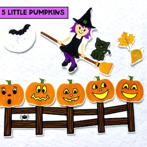 May include: Halloween-themed felt cutouts featuring five orange pumpkins with different facial expressions, a witch with a broom, a black cat, a bat, and fall leaves. The text "5 LITTLE PUMPKINS" is displayed above the pumpkins.