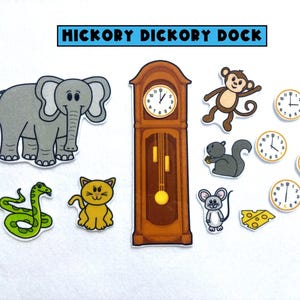 May include: A collection of felt cutouts featuring characters and objects from the nursery rhyme "Hickory Dickory Dock." Includes an elephant, a grandfather clock, a monkey, a squirrel, a mouse, a cat, a snake, cheese, and several clocks.