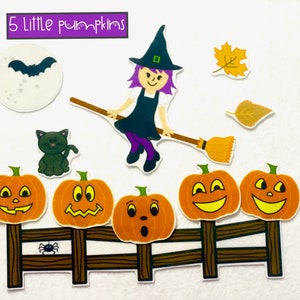 Five Little Pumpkins Felt Stories Flannel Board Stories Halloween Activity Falloween Halloween Gift Felt Halloween Decor Witch image 1