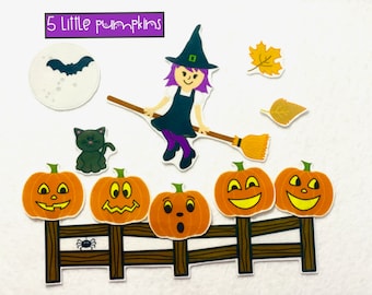 Five Little Pumpkins Felt Stories  - Flannel Board Stories - Halloween Activity -  Falloween - Halloween Gift - Felt Halloween Decor - Witch
