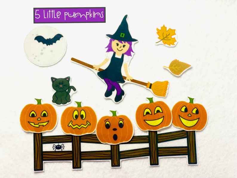 Five Little Pumpkins Felt Stories Flannel Board Stories Halloween Activity Falloween Halloween Gift Felt Halloween Decor Witch image 1