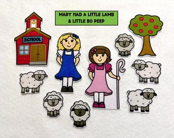 Juego de cuentos de fieltro "Mary Had a Little Lamb" y "Little Bo Peep" / Rima infantil para pizarra de fieltro / Círculo de lectura preescolar / Accesorios para contar cuentos, a partir de 3 años