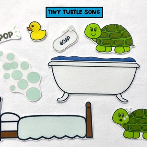 May include: A green turtle with a smiling face is in a white bathtub with blue water. There is a bar of soap, a yellow rubber duck, and bubbles. The words "POP" and "SOAP" are written on the image. The turtle is also shown in a bed with a green blanket and brown headboard. This is a set of felt cutouts for a children's song.