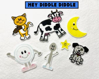 Juego de cuentos con tablero de fieltro "Hey Diddle Diddle": Aprendizaje de rimas infantiles, hora del círculo, canciones para niños, a partir de 3 años.