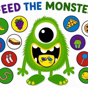 Peut inclure: Illustration colorée avec le texte « FEED THE MONSTER ». Un monstre vert avec un œil et une grande bouche est entouré d'images circulaires d'aliments comme une banane, des raisins, une pizza et un biscuit. La bouche du monstre contient deux petits insectes de dessin animé.