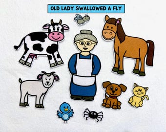 Había una anciana que se tragó una mosca. Cuento de fieltro / Set de narración de cuentos para preescolares / Alfabetización en círculo / Recontar / Secuenciar, a partir de 3 años.