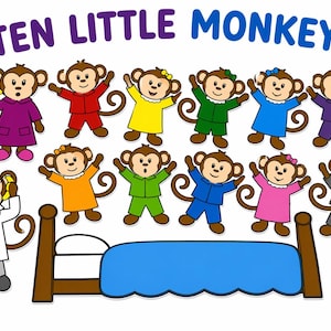 May include: A colorful illustration featuring ten cartoon monkeys, each wearing different colored pajamas. The monkeys are arranged around a brown bed with a blue blanket. The words "TEN LITTLE MONKEYS" are written in blue above the monkeys.