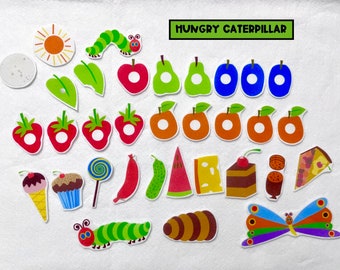 Juego de cuentos de fieltro de la oruga hambrienta: Aprendizaje temprano, hora del cuento, ciclo de vida de la mariposa. Para mayores de 3 años.