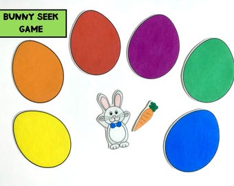以下が含まれることがあります： 「BUNNY SEEK GAME」のテキストが入った、イースターをテーマにしたゲーム。オレンジ、赤、紫、緑、黄、青の6つの大きな楕円形の卵が描かれています。青い蝶ネクタイをした白いウサギとニンジンも含まれています。