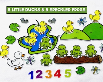 Cinco patitos y ranitas moteadas: Cuento de fieltro con rima infantil, tablero de fieltro, contar del 1 al 5, cantar, para mayores de 3 años.