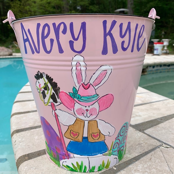 Hand Painted Cowgirl Easter Bucket, Cowgirl Custom Handmade Easter Basket, Personalized Easter Decor, Custom Name Bucket