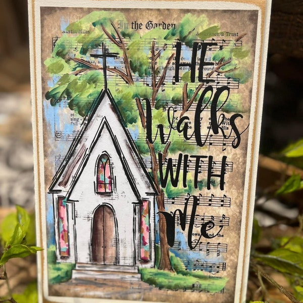 In the Garden, He Walks with Me, Hymn Board Sign, Sympathy Gift, Christian Art Gift, Hymn Page with Hand Painted Art